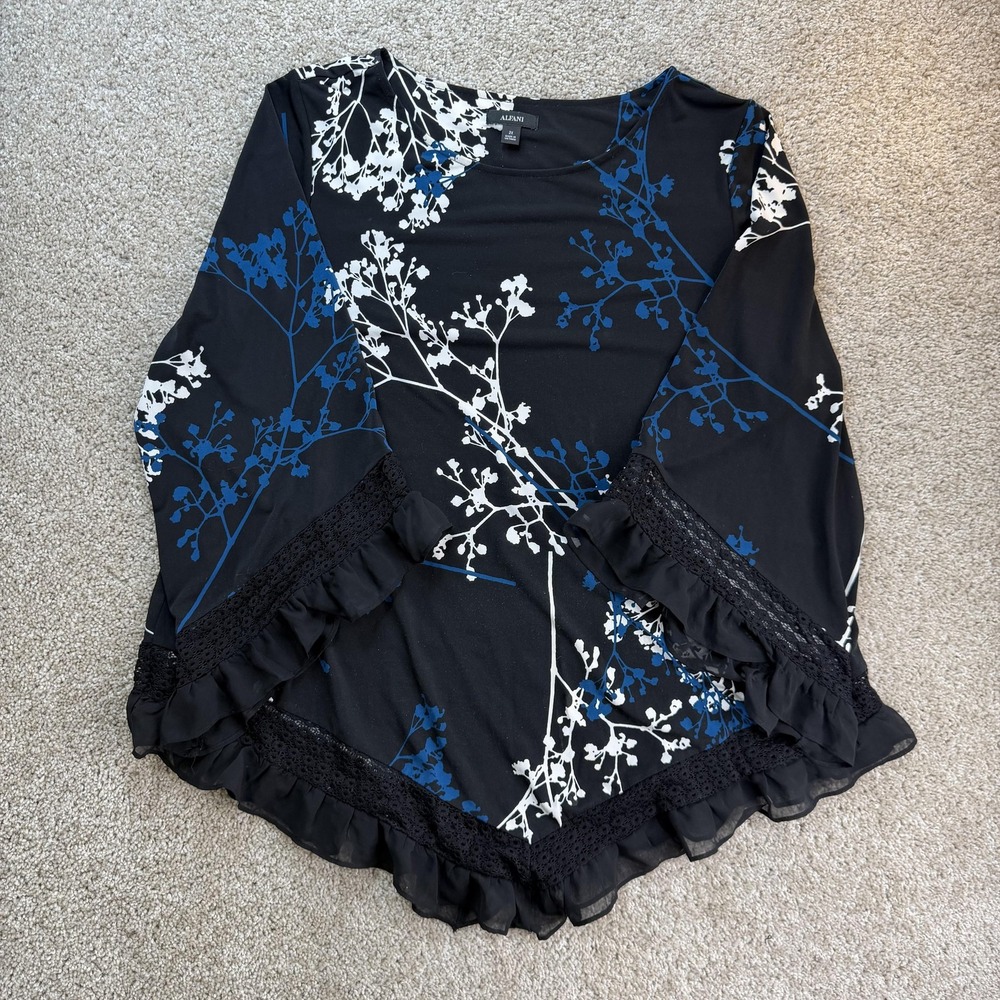 Alfani Tunic Blouse Womens 2X Black Blue Floral Ruffle Hem Knit Long Sleeve